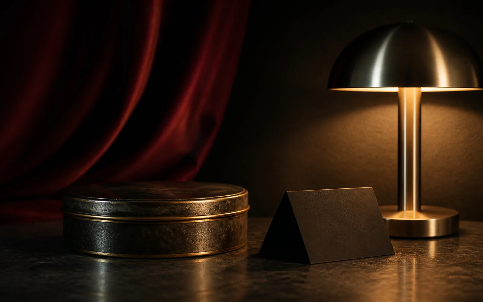Vintage film tin, black note card and warm lamp beside a burgundy curtain